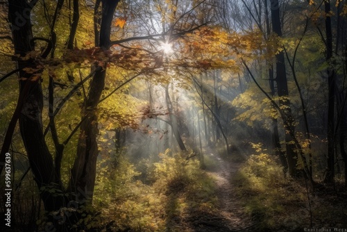 dodge of leaves and sunrays through the forest canopy  created with generative ai
