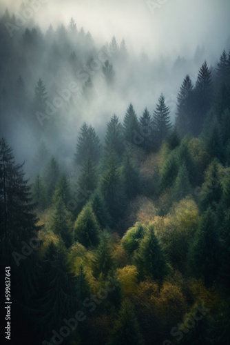 Foggy mountain forest landscape wallpaper and poster, Generative AI