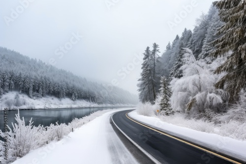 scenic highway in winter, with snow-covered trees and frozen lakes, created with generative ai