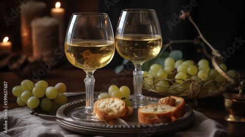 Two wine glasses of vintage chardonnay with delicious appetizers. Couple of glasses of white wine, italian breadsticks, figs and grapes. Interior background. Close up, copy space. AI Generative