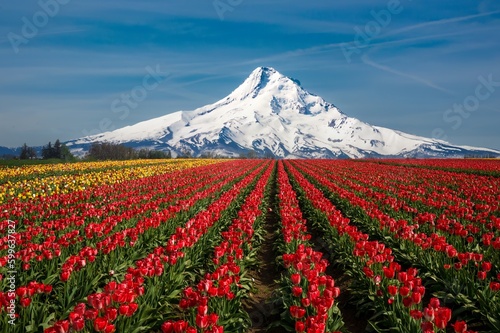 Tulip fields with Mt Hood in the background near Woodburn, Oregon