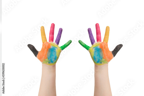 children's hands painted on a white background with clipping path. Colored hands.
