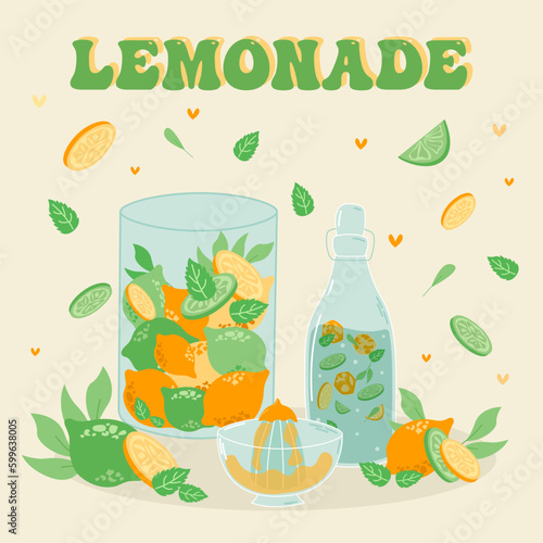 Lemonade and  drink in a jug and a glass with slices of lemon and ice. vector illustrator