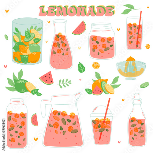 Lemonade and watermelon drink in a jug and a glass with slices of lemon and ice. vector illustrator