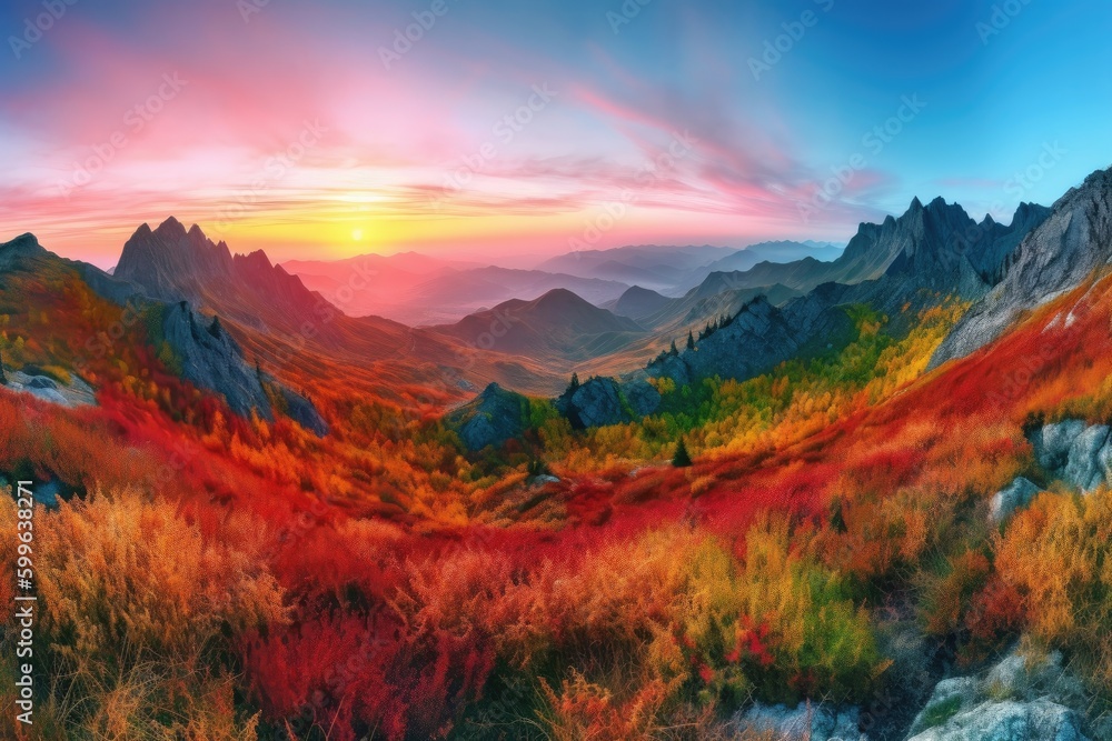majestic mountain range with a sunrise, showcasing the vibrant colors of the sunrise and sky, created with generative ai