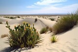 sand dunes and cacti in the desert, with oasis view in the distance, created with generative ai