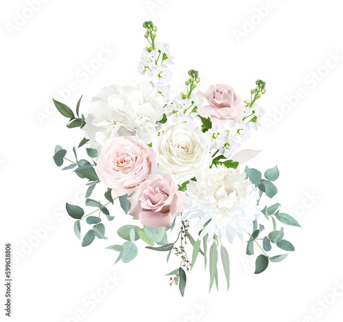 Silver sage green and blush pink flowers vector design bouquet. Dusty mauve rose  white dahlia  hydrangea  matthiola
