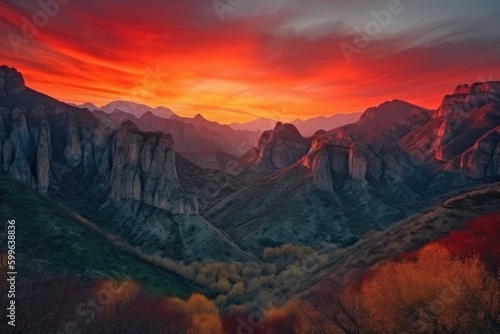 majestic mountains and fiery orange sunset against the backdrop of a canyon, created with generative ai © Alfazet Chronicles