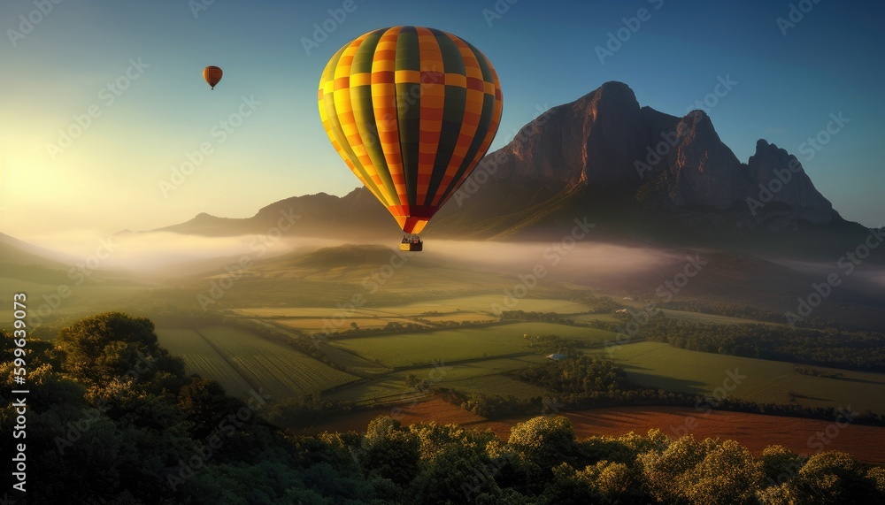 hot air balloon over region country with mountains in the background, generative ai