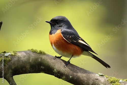 male redstart bird resting on tree branch, with wings spread, created with generative ai