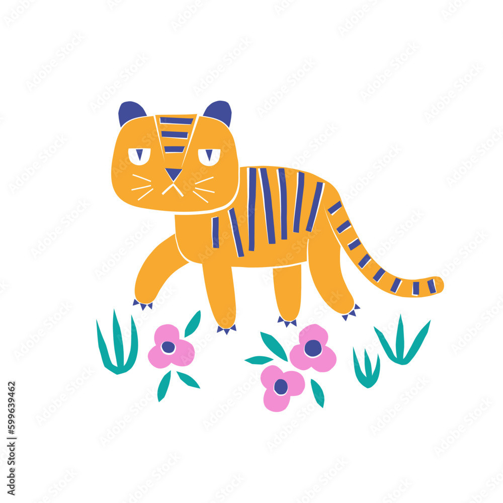 Tiger animal paper shape cutouts style vector illustration. Scandinavian childish wild tropical safari summer pre-made print design.