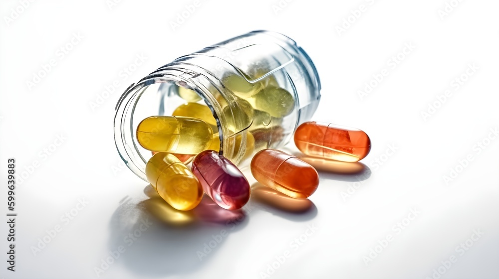 Assortment of pharmaceutical medicine vitamins, pills, softgel in a small container bottle isolated on white background studio shot. Assortment of pharmaceutical medicine vitamins, pills, softgel in a small container bottle isolated on white background studio shot.