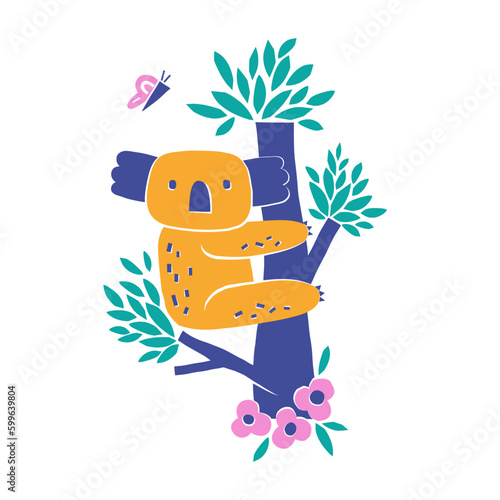 Koala bear animal on tree paper shape cutouts style vector illustration. Scandinavian childish wild tropical safari summer pre-made print design.