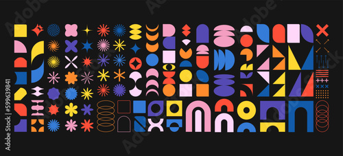 Brutalist shapes for swiss minimal style design. Constructor of trendy geometric postmodern primitive figures. Vector illustration of brutalist bauhaus contemporary star, oval, flower, line and forms