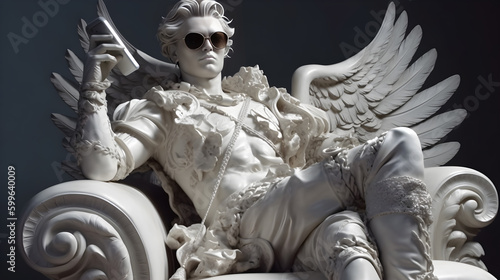 Escultura hecha de mármol de un ángel sosteniendo un teléfono móvil, usando gafas de sol