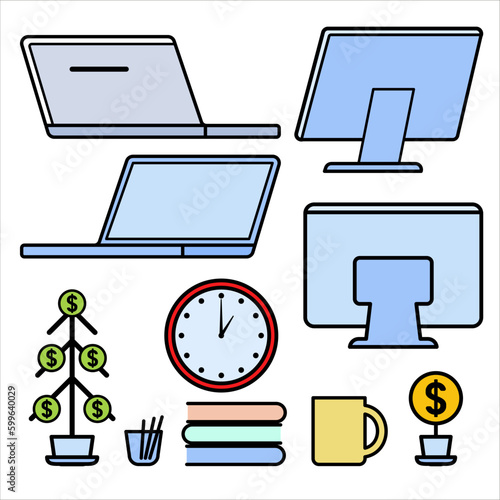 Laptop, christmas money tree, Icon set in flat design, business chat, flat line-art, vector Illustration