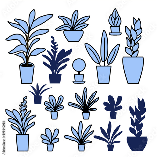 House plants, interior decoration Icon set in flat design, business chat, flat line-art, vector Illustration
