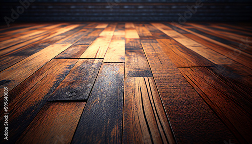 A wooden floor with a dark background and a light shining on it, Generative AI