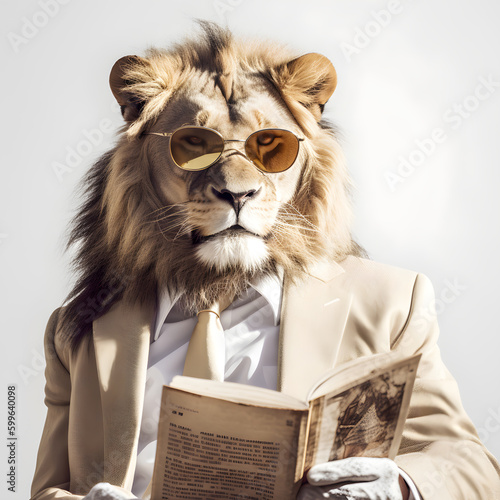 Fotobehang León usando un esmoquin elegante y gafas, leyendo un libro