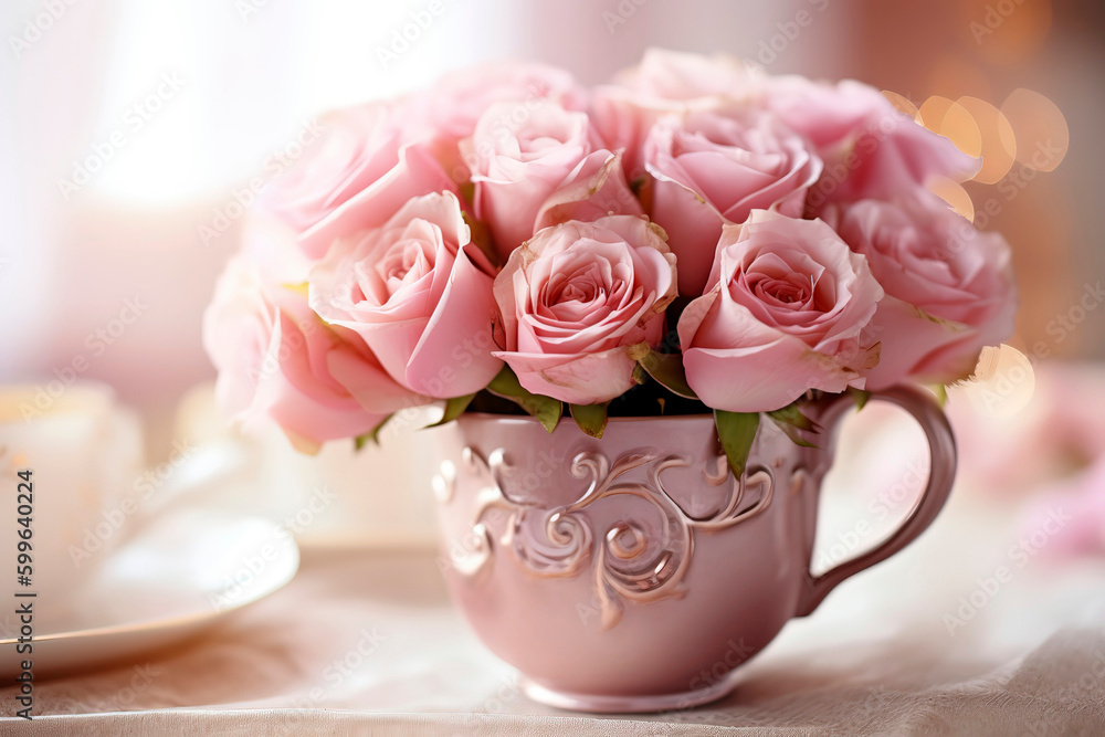 Close-up of a dainty tea cup filled with fragrant roses. Close-up of a dainty tea cup filled with fragrant roses.