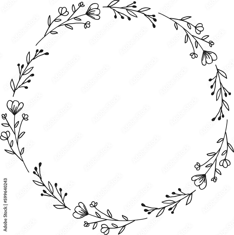 Wreath of doodle hand drawn flowers and leaves or circle floral frame border for wedding invitation, engagement, and greeting card Wreath of doodle hand drawn flowers and leaves or circle floral frame border for wedding invitation, engagement, and greeting card