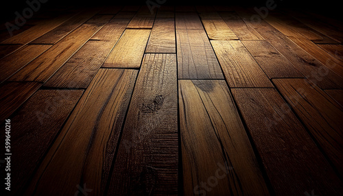 A wooden floor with a dark background and a light shining on it  Generative AI