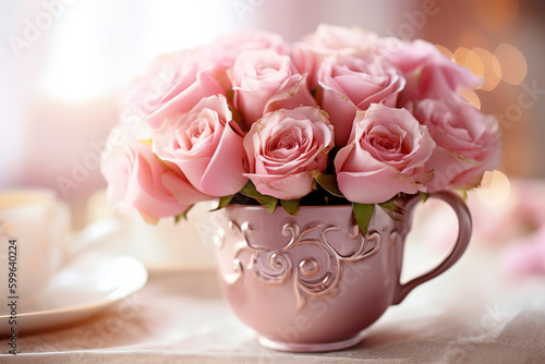 Close-up of a dainty tea cup filled with fragrant roses. 
