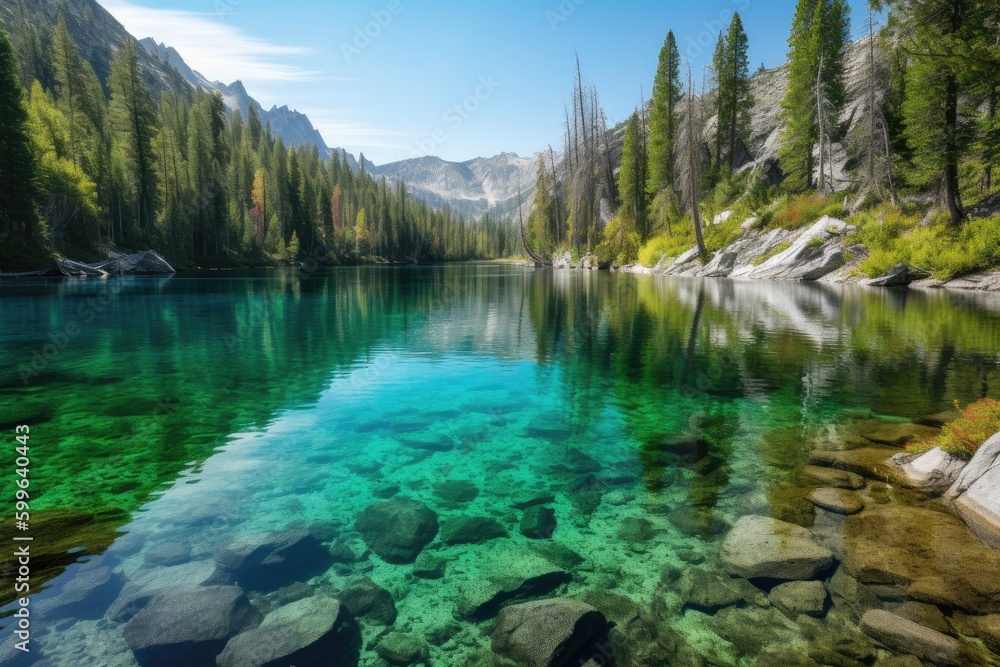 crystal-clear lake surrounded by snowy mountain peaks and forests, created with generative ai