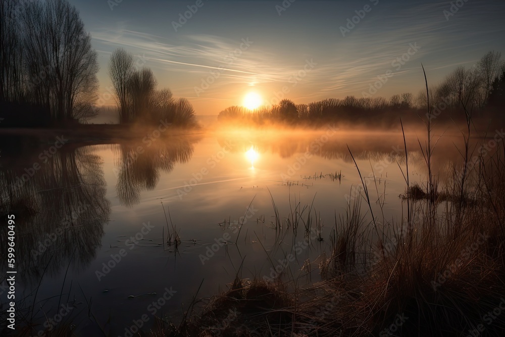 sunrise over misty lake, with the reflection of the sun visible in the water, created with generative ai
