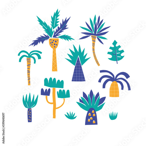 Jungle palm and plant decorative shape cutouts style vector illustration. Scandinavian childish wild tropical safari summer pre-made print design.
