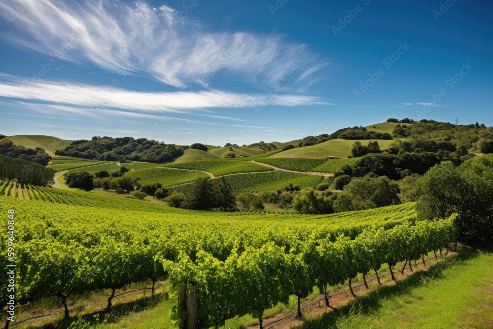 Fototapeta premium lush green vineyard with rolling hills and blue skies, created with generative ai