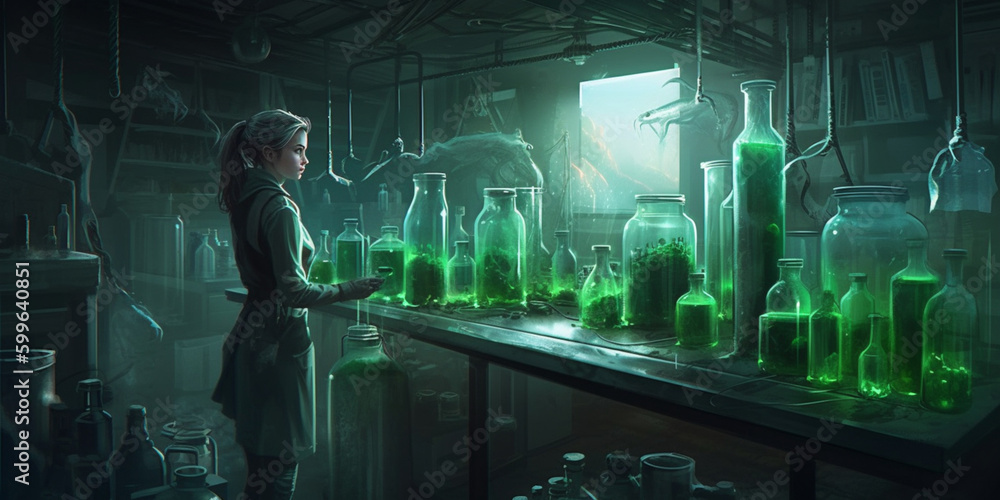 A woman is standing in a lab, holding a test tube filled with glowing green liquid. The lab is filled with bizarre, sci-fi equipment, and there are jars filled with strange creatures lining the shelve
