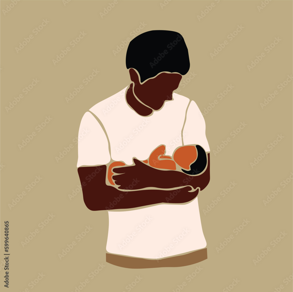 Black father hugging daughter in line art style vector