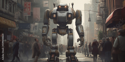 A giant combat robot is standing in a city street, surrounded by amazed onlookers. 