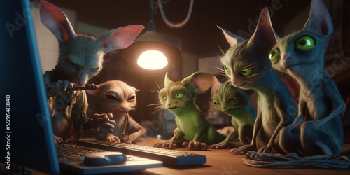Extraterrestrial cat-like aliens sitting at a laptop on earth.