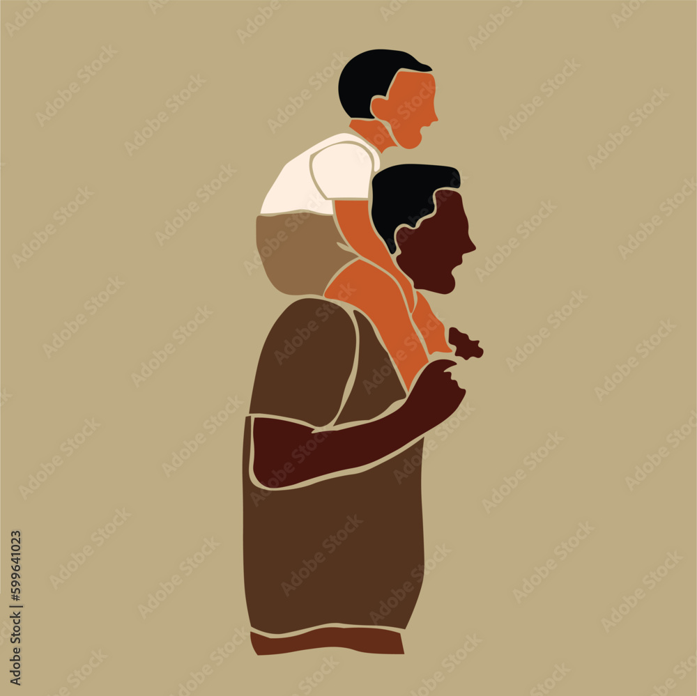 Abstract young father holding son in elegant line art style vector Abstract young father holding son in elegant line art style vector