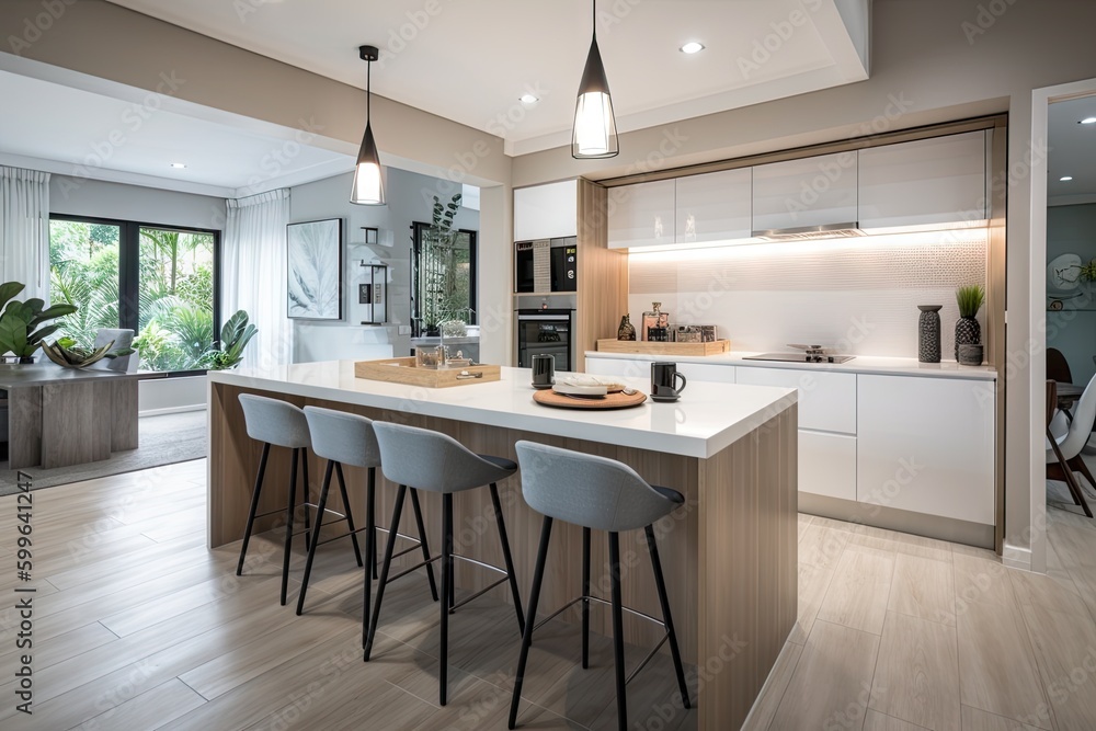 modern kitchen, with sleek and elegant finishes, providing a comfortable and welcoming space, created with generative ai