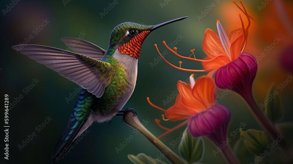 Fototapeta premium Hummingbird flies near red flowers. AI Generative