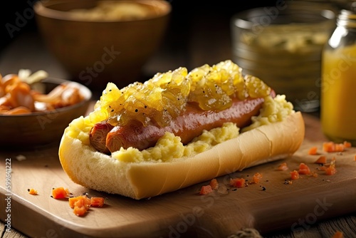 gourmet hot dog, dressed with relish, mustard and onions on soft bun, created with generative ai