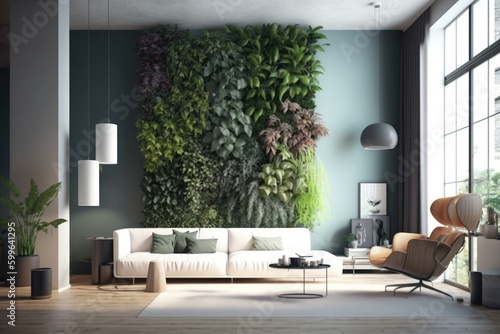 vertical garden on sunny wall in stylish interior with minimalist furniture, created with generative ai