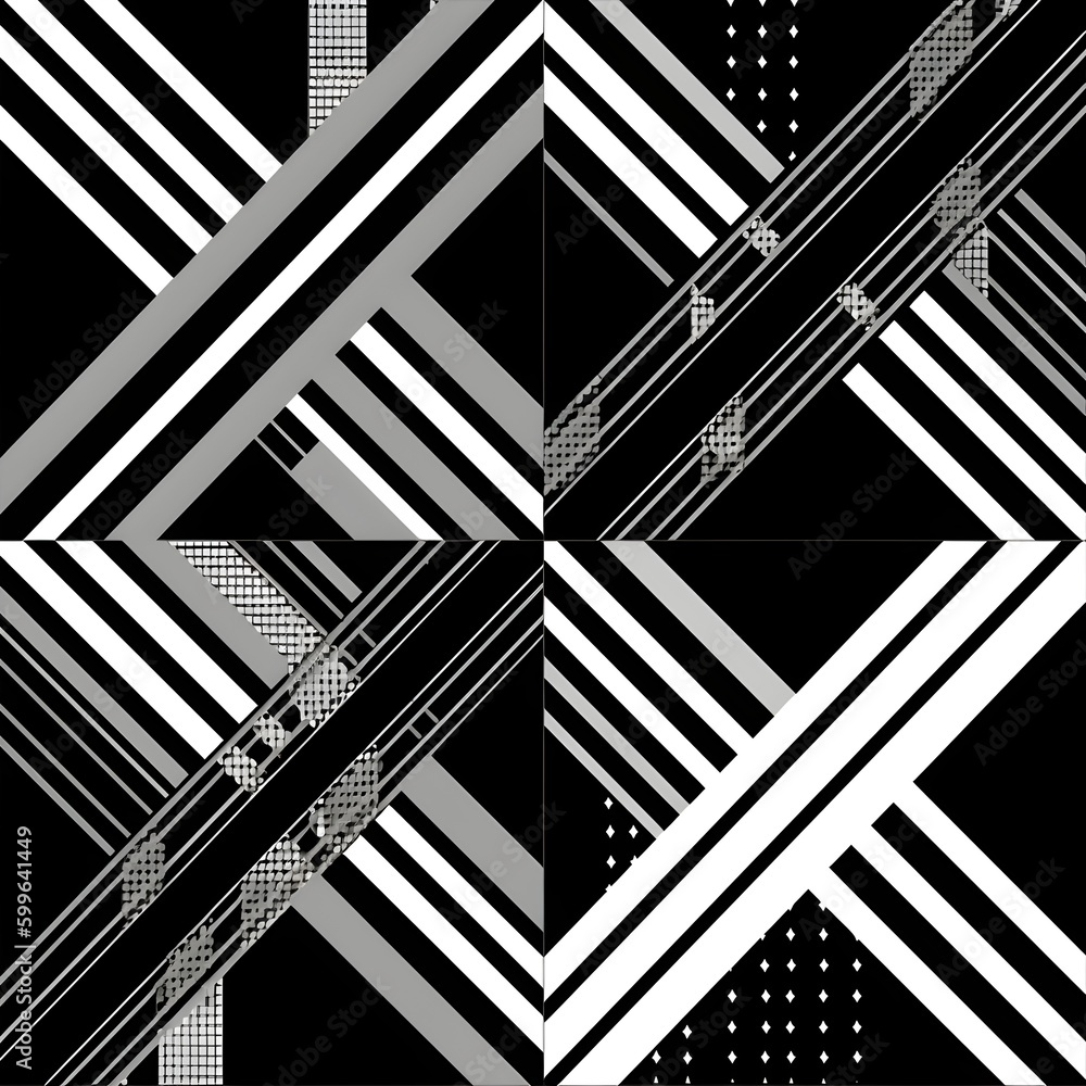 Black and white line diagonal geometric seamless pattern texture for fabric print. Generative AI technology. Black and white line diagonal geometric seamless pattern texture for fabric print. Generative AI technology.