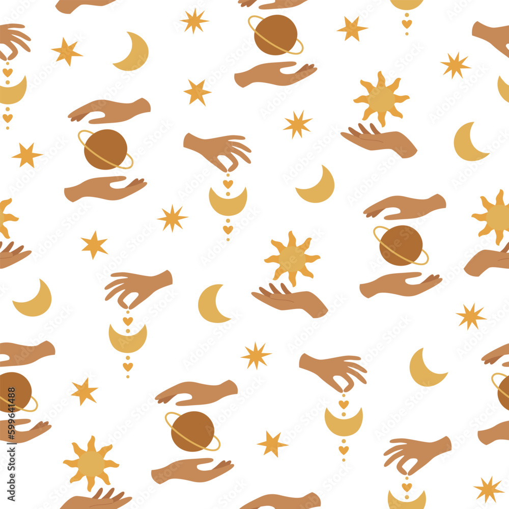 Boho celestial seamless pattern with hands, stars, planet, moon and sun. Pastel colors universe surface design Boho celestial seamless pattern with hands, stars, planet, moon and sun. Pastel colors universe surface design