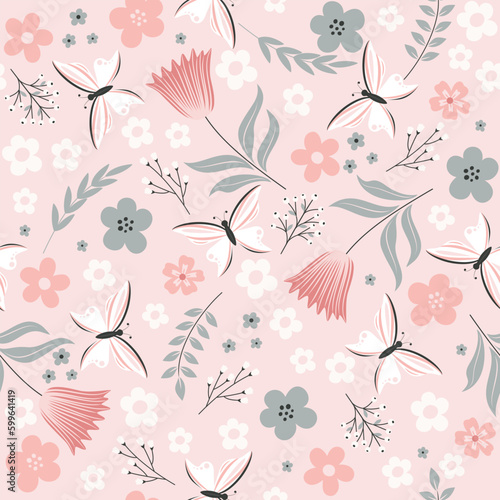 Seamless pattern with flowers and butterflies. Great for nursery design, textile, fabric