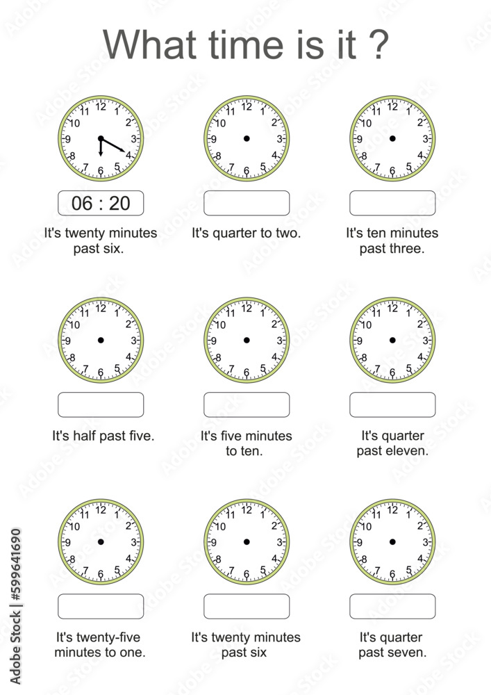 Clock Time Learning Activity Worksheet for Kids : Practice Telling Time in English with Drawing Clock Hands and Writing Digital Time Clock Time Learning Activity Worksheet for Kids : Practice Telling Time in English with Drawing Clock Hands and Writing Digital Time