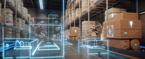 Fotografia Smart warehouse with transporter robots and holographic dashboard