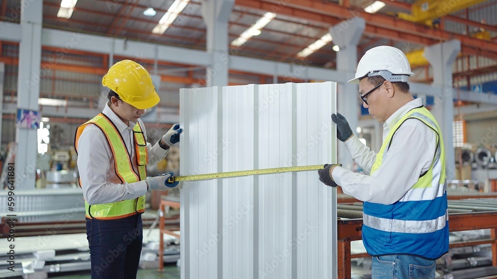 Two Asian man workers in safety uniform working at manufacturing in metal plant and measuring size of the metal roof Two Asian man workers in safety uniform working at manufacturing in metal plant and measuring size of the metal roof