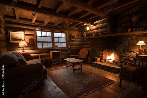 cozy cabin retreat with fireplace, warm and inviting on a chilly day, created with generative ai © Alfazet Chronicles