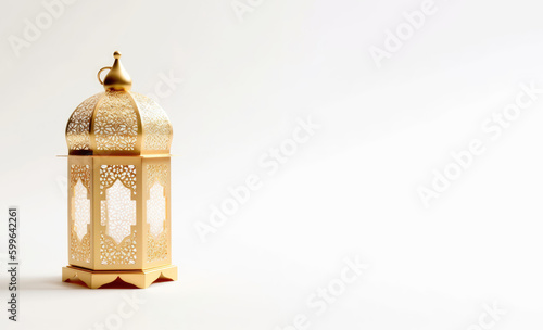 Realistic modern Islamic holiday banner for eid al adha. eid al fitr white background. Golden lantern decoration with space for text. generative ai illustration.
