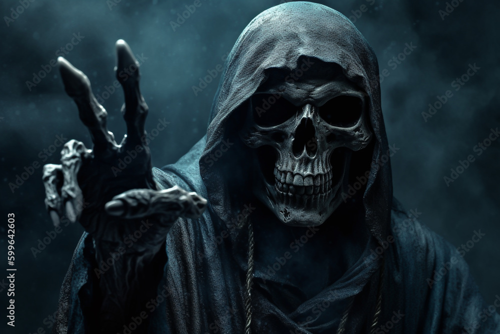 A grim reaper holding out his hand V sign in horrible background with mist Generative AI A grim reaper holding out his hand V sign in horrible background with mist Generative AI