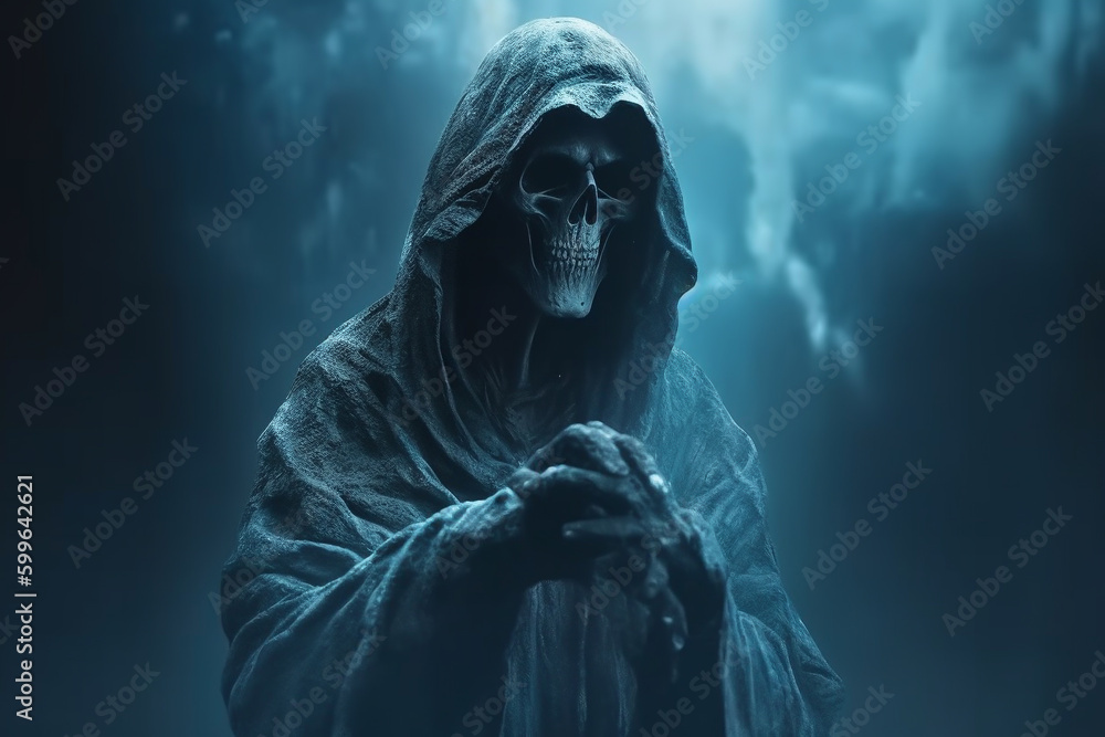 A grim reaper in horrible background with mist Generative AI A grim reaper in horrible background with mist Generative AI